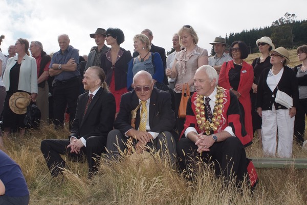 CEO Te R&#363;nanga o Ng&#257;i Tahu Anake Goodall, Opoko Awarua R&#363;nanga T&#257; Tipene O'Regan with Mayor Bob Parker at the Takapuneke Historic Reserve blessing ceremony.